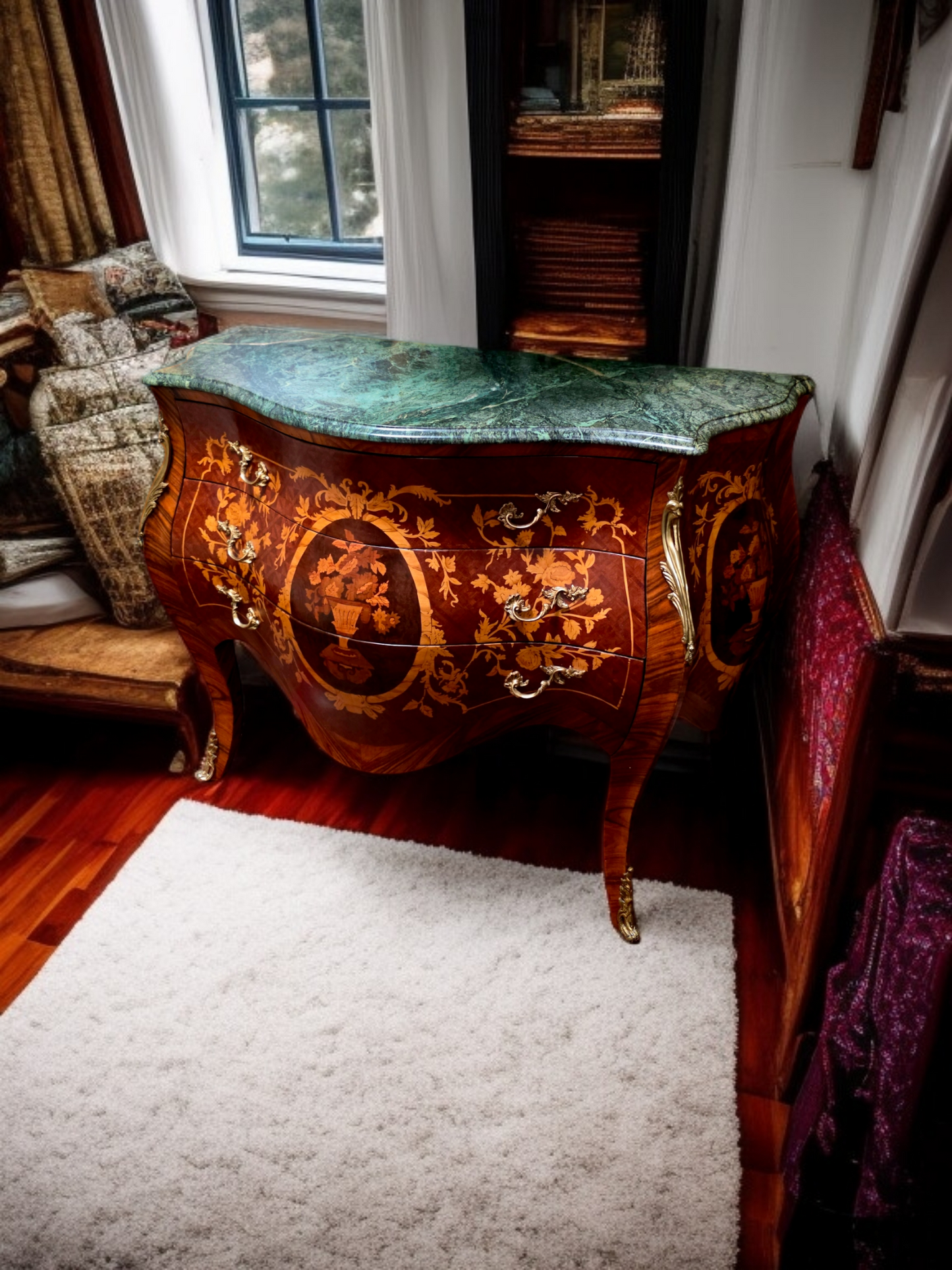 🇫🇷✨Bombe Francés con Marquetería, Bronce Dorado y Mármol Verde Pecho Paloma 🎩🌿