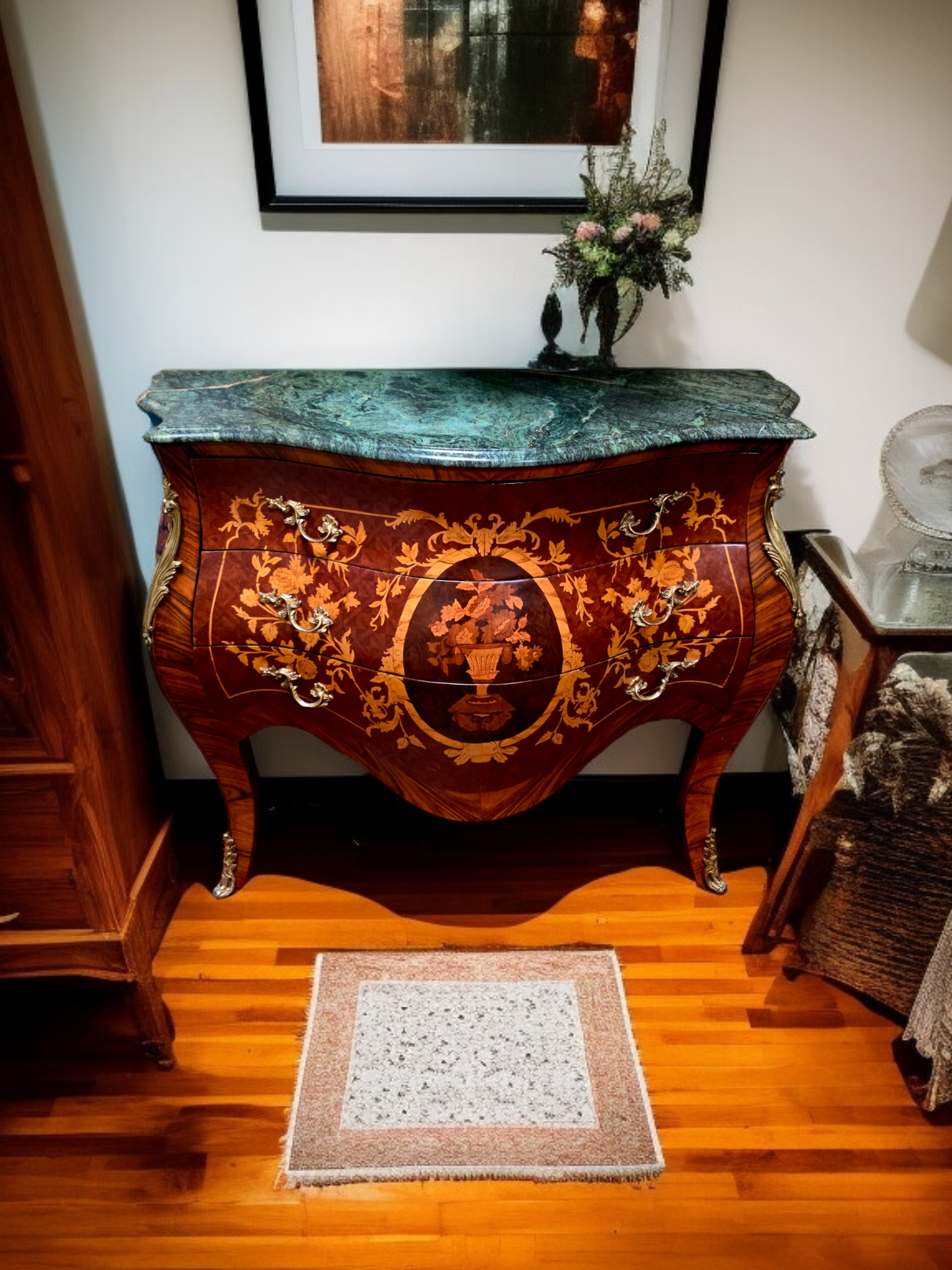 🇫🇷✨Bombe Francés con Marquetería, Bronce Dorado y Mármol Verde Pecho Paloma 🎩🌿