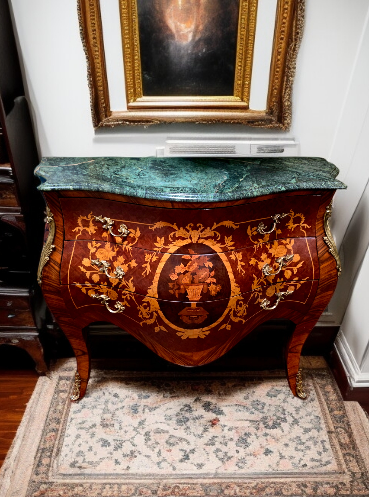 🇫🇷✨Bombe Francés con Marquetería, Bronce Dorado y Mármol Verde Pecho Paloma 🎩🌿