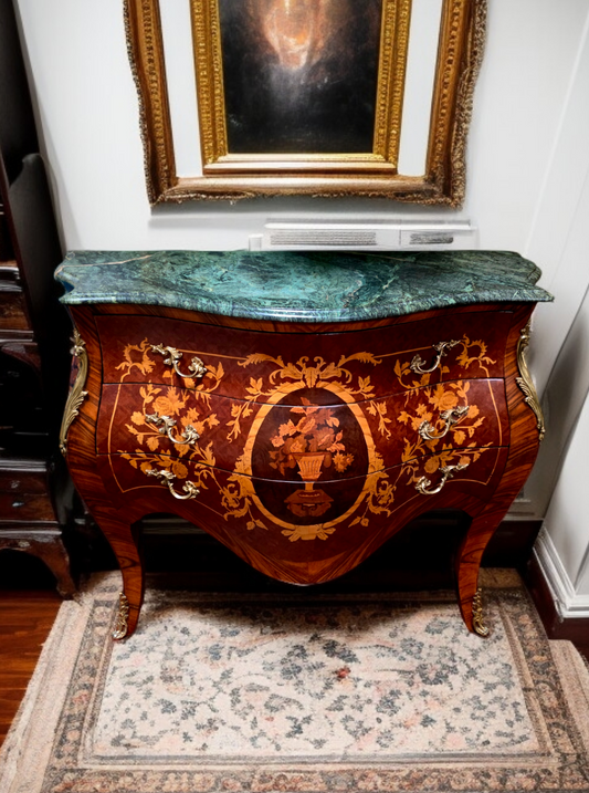 🇫🇷✨Bombe Francés con Marquetería, Bronce Dorado y Mármol Verde Pecho Paloma 🎩🌿