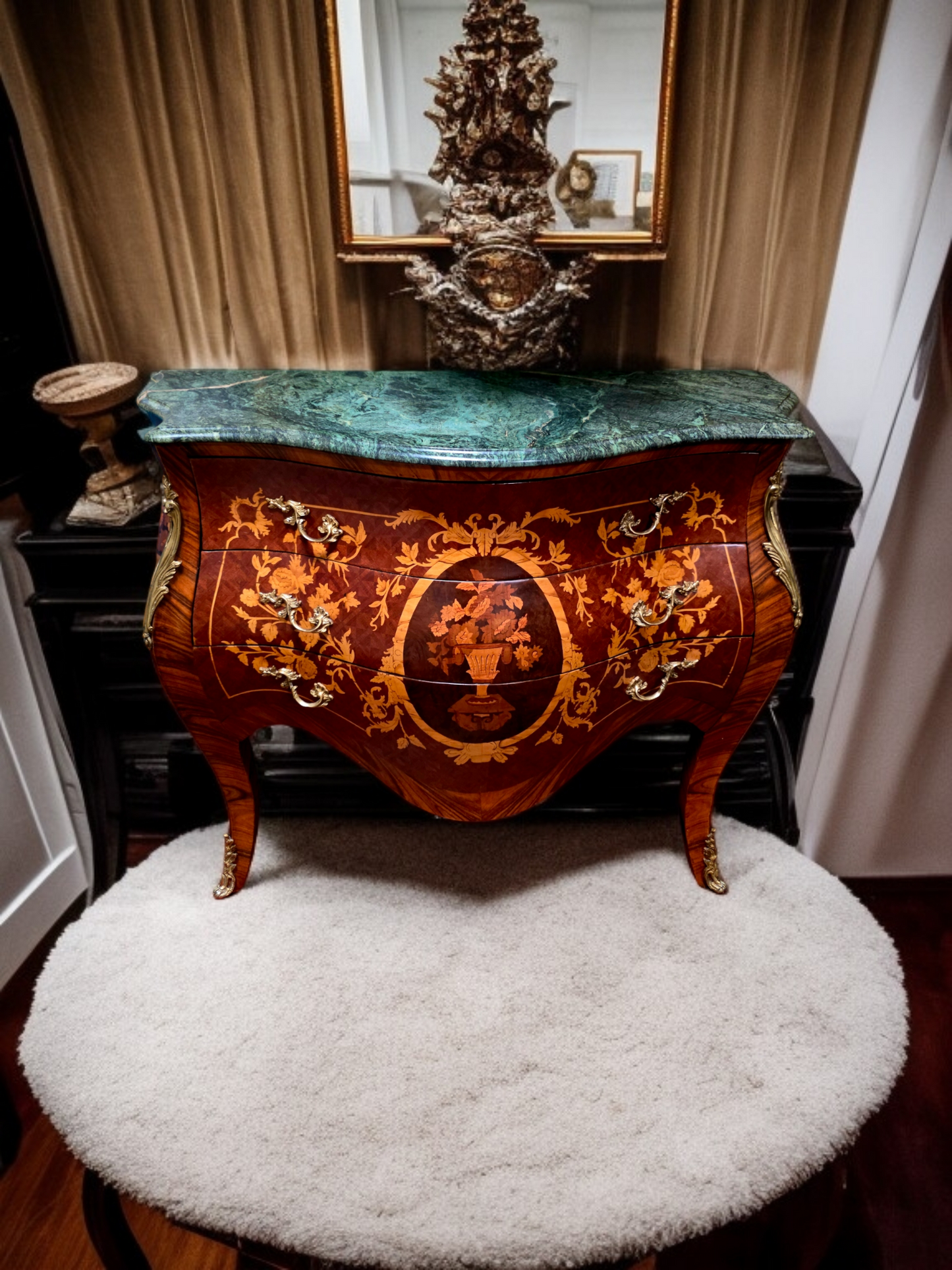 🇫🇷✨Bombe Francés con Marquetería, Bronce Dorado y Mármol Verde Pecho Paloma 🎩🌿