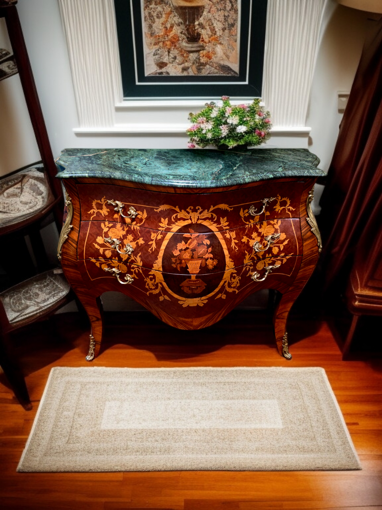 🇫🇷✨Bombe Francés con Marquetería, Bronce Dorado y Mármol Verde Pecho Paloma 🎩🌿