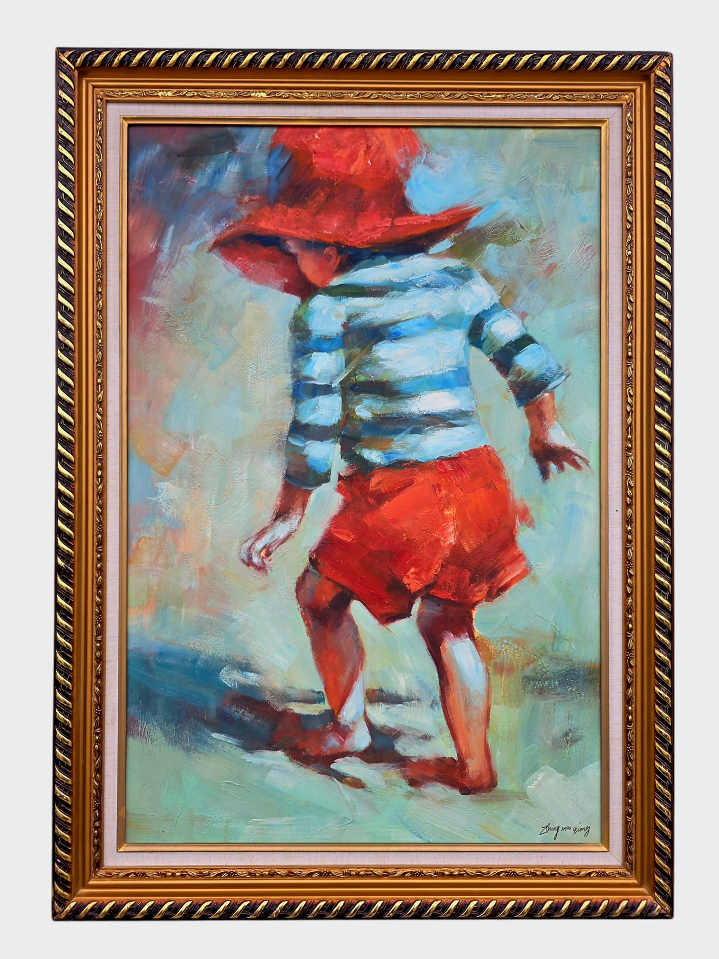 🌺 🖼️Infancia en movimiento – Óleo original firmado por Zhong Mao Qing🖌️🎨