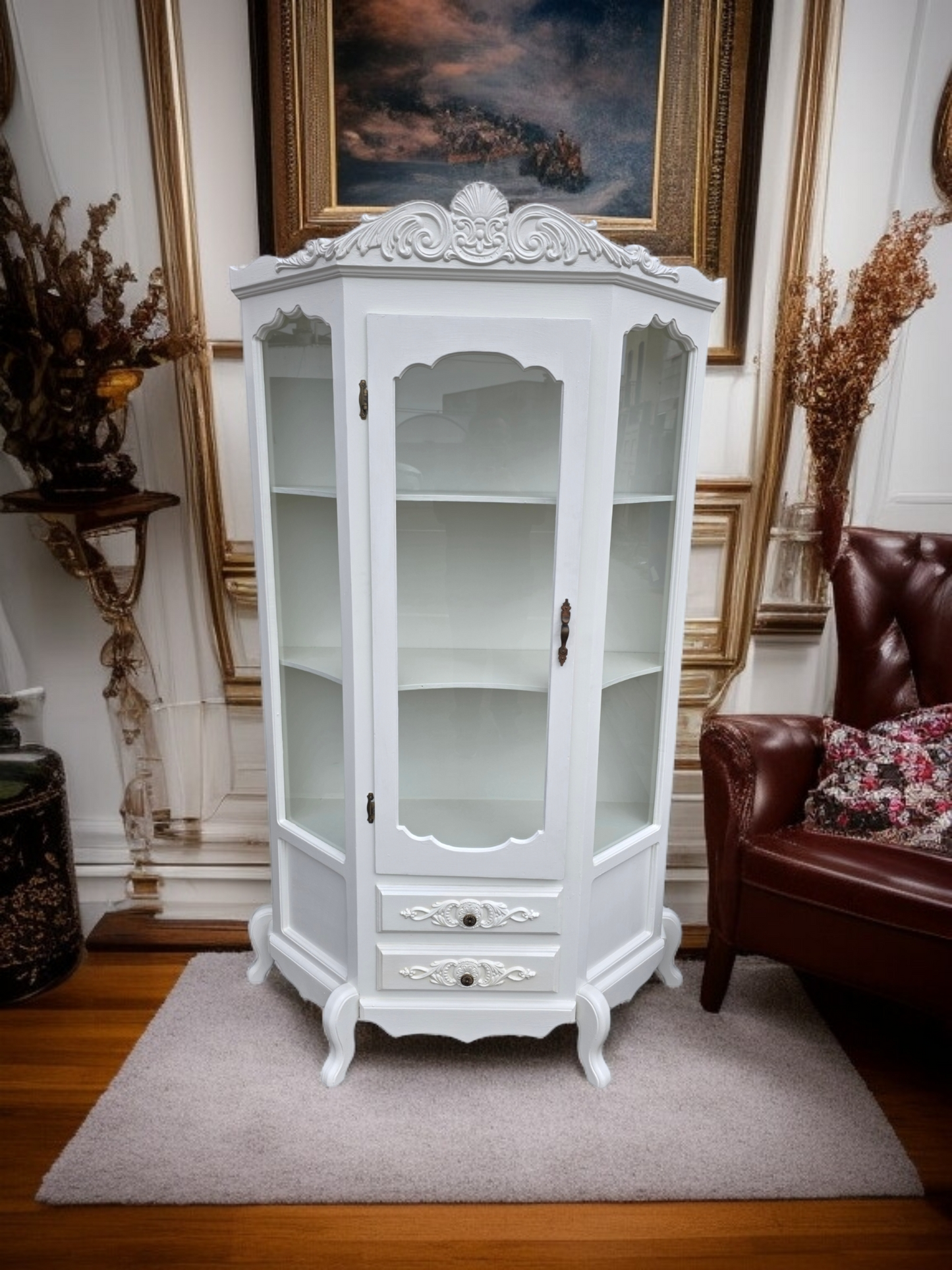 🏰 Vitrina De Madera - Blanco Perla Con Ornamentacion Clasica🏰