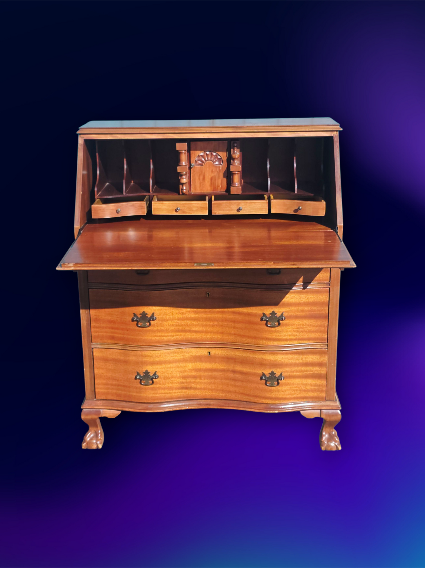 ✒️ Antique Secretary Desk in Tiger Maple Wood – Federal Elegance with Claw and Ball Feet 🪶