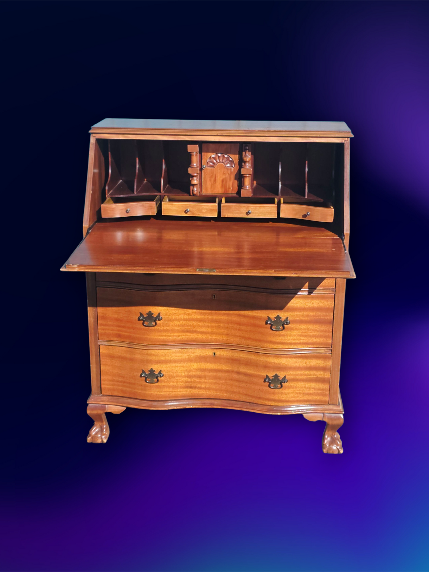 ✒️ Antique Secretary Desk in Tiger Maple Wood – Federal Elegance with Claw and Ball Feet 🪶