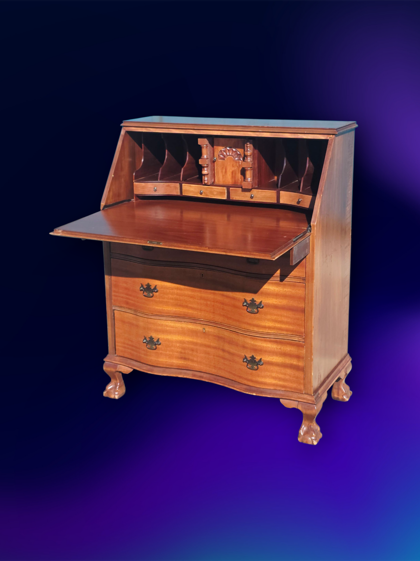 ✒️ Antique Secretary Desk in Tiger Maple Wood – Federal Elegance with Claw and Ball Feet 🪶