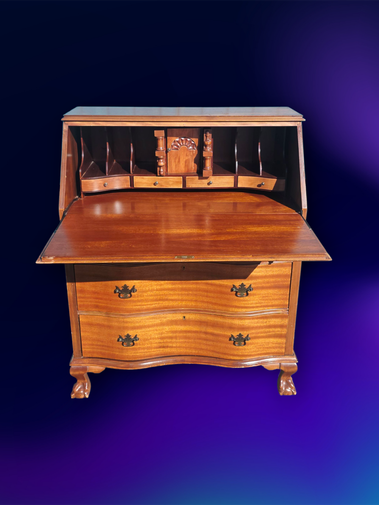 ✒️ Antique Secretary Desk in Tiger Maple Wood – Federal Elegance with Claw and Ball Feet 🪶