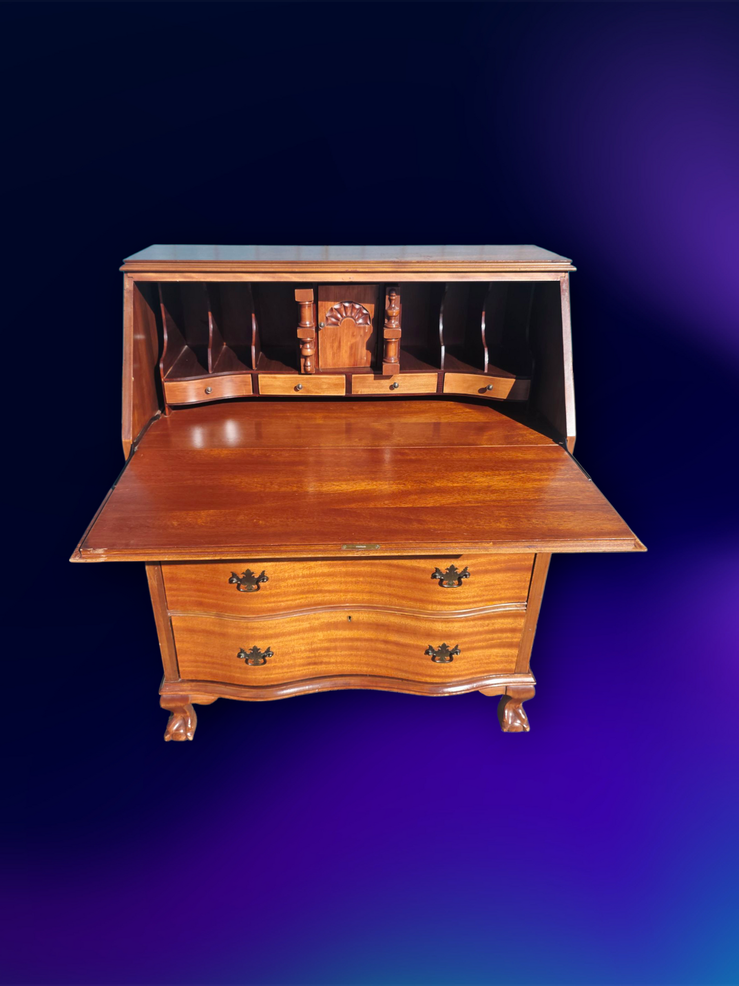 ✒️ Antique Secretary Desk in Tiger Maple Wood – Federal Elegance with Claw and Ball Feet 🪶