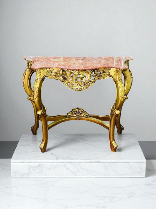 🌿✨ Mesita de mármol rosado – Estructura de madera color oro antiguo ✨🌿