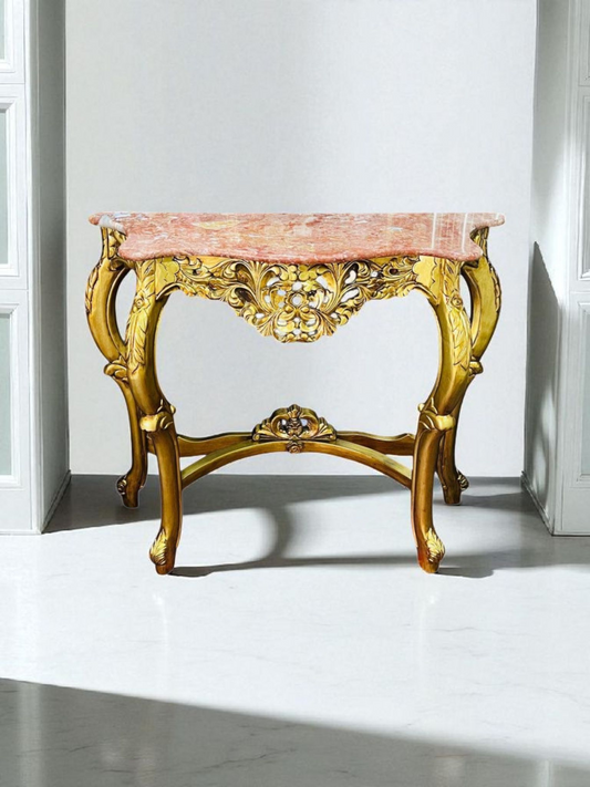 🌿✨ Mesita de mármol rosado – Estructura de madera color oro antiguo ✨🌿