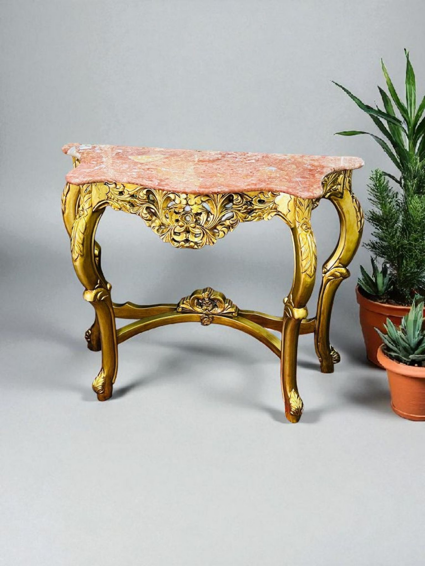 🌿✨ Mesita de mármol rosado – Estructura de madera color oro antiguo ✨🌿
