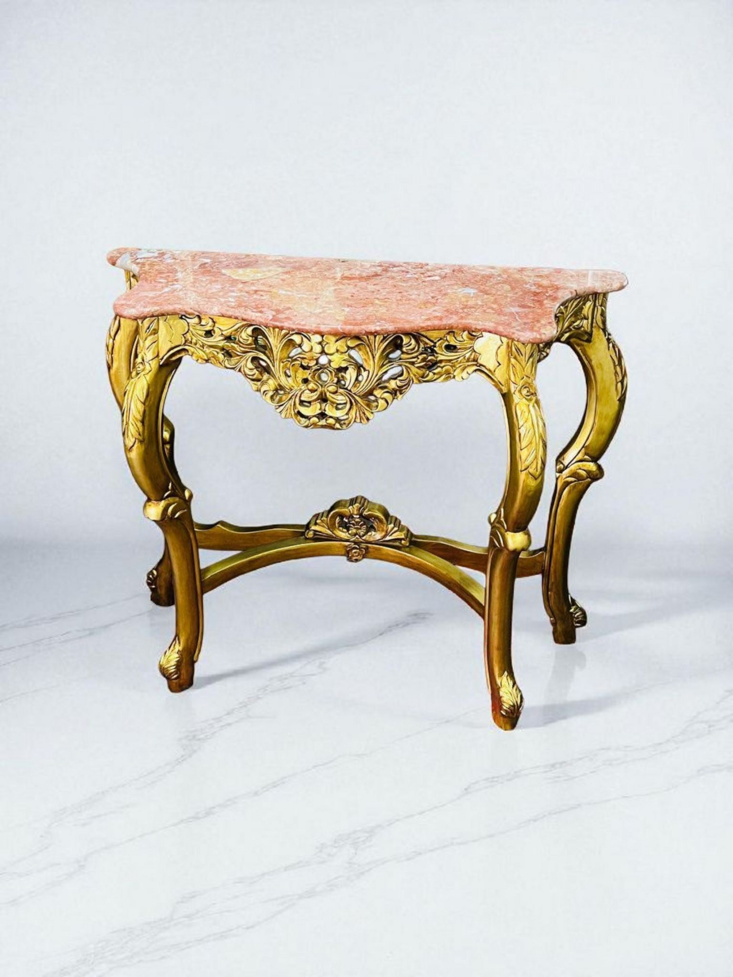 🌿✨ Mesita de mármol rosado – Estructura de madera color oro antiguo ✨🌿