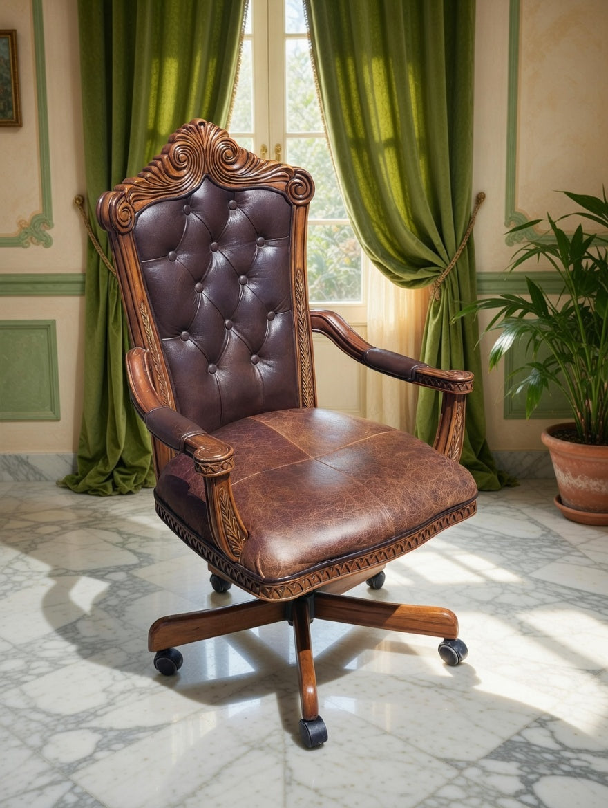 Executive Chair Carved in Wood Upholstered in Genuine Leather 🪞🪙🪶