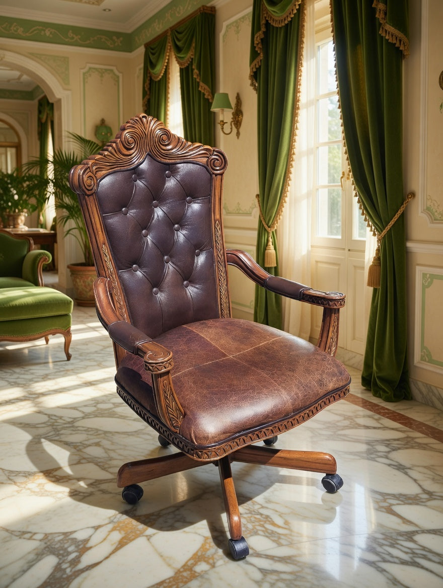 Executive Chair Carved in Wood Upholstered in Genuine Leather 🪞🪙🪶