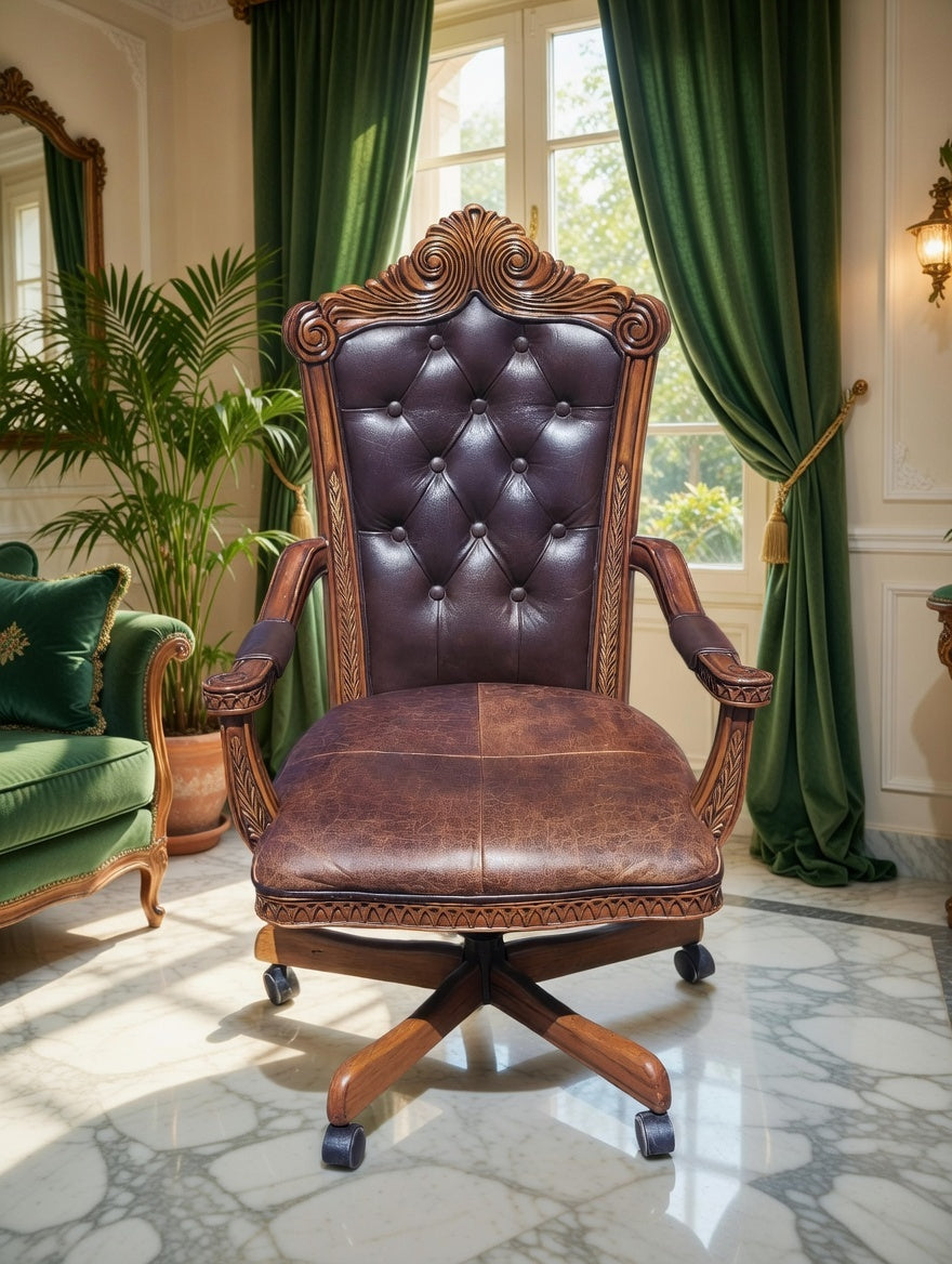 Executive Chair Carved in Wood Upholstered in Genuine Leather 🪞🪙🪶