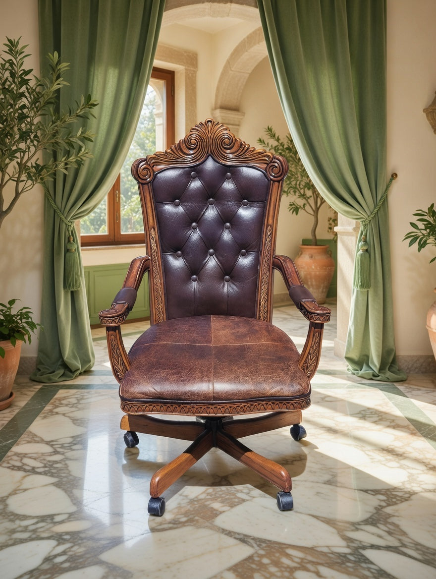 Executive Chair Carved in Wood Upholstered in Genuine Leather 🪞🪙🪶