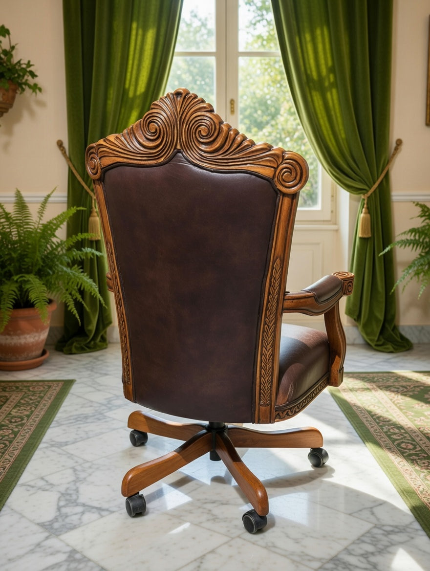 Executive Chair Carved in Wood Upholstered in Genuine Leather 🪞🪙🪶