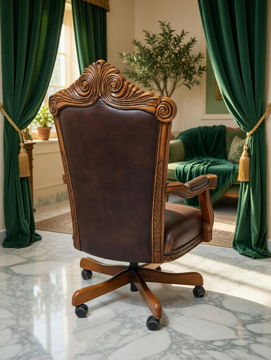 Executive Chair Carved in Wood Upholstered in Genuine Leather 🪞🪙🪶