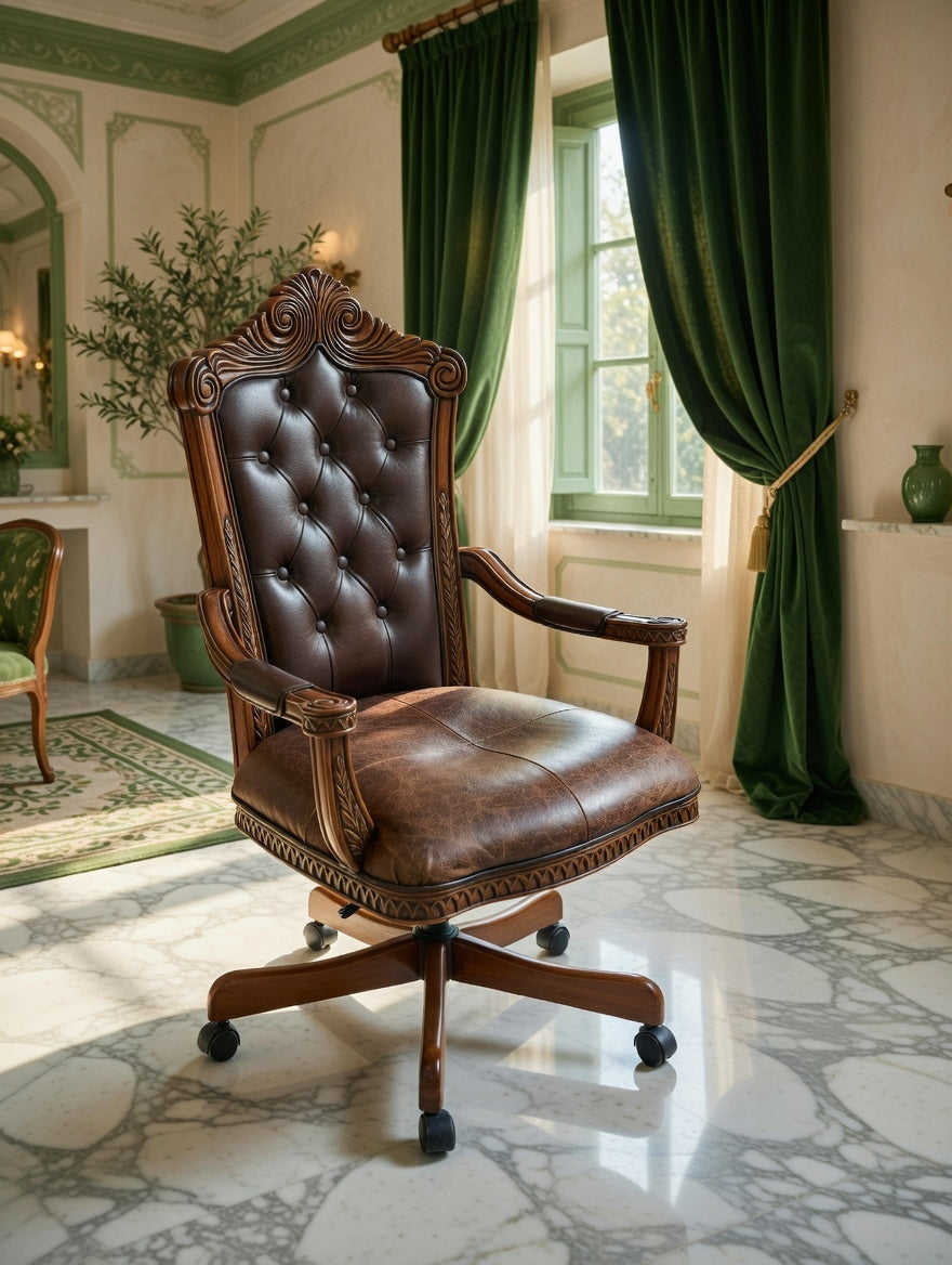 Executive Chair Carved in Wood Upholstered in Genuine Leather 🪞🪙🪶