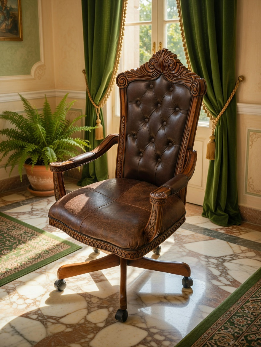 Executive Chair Carved in Wood Upholstered in Genuine Leather 🪞🪙🪶