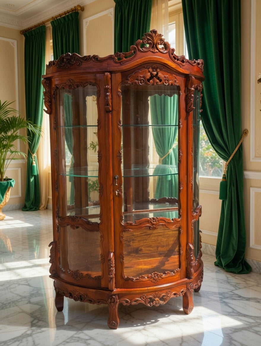 Victorian Carved Mahogany Display Cabinet with Curved Glass 🌿🏛️🌿
