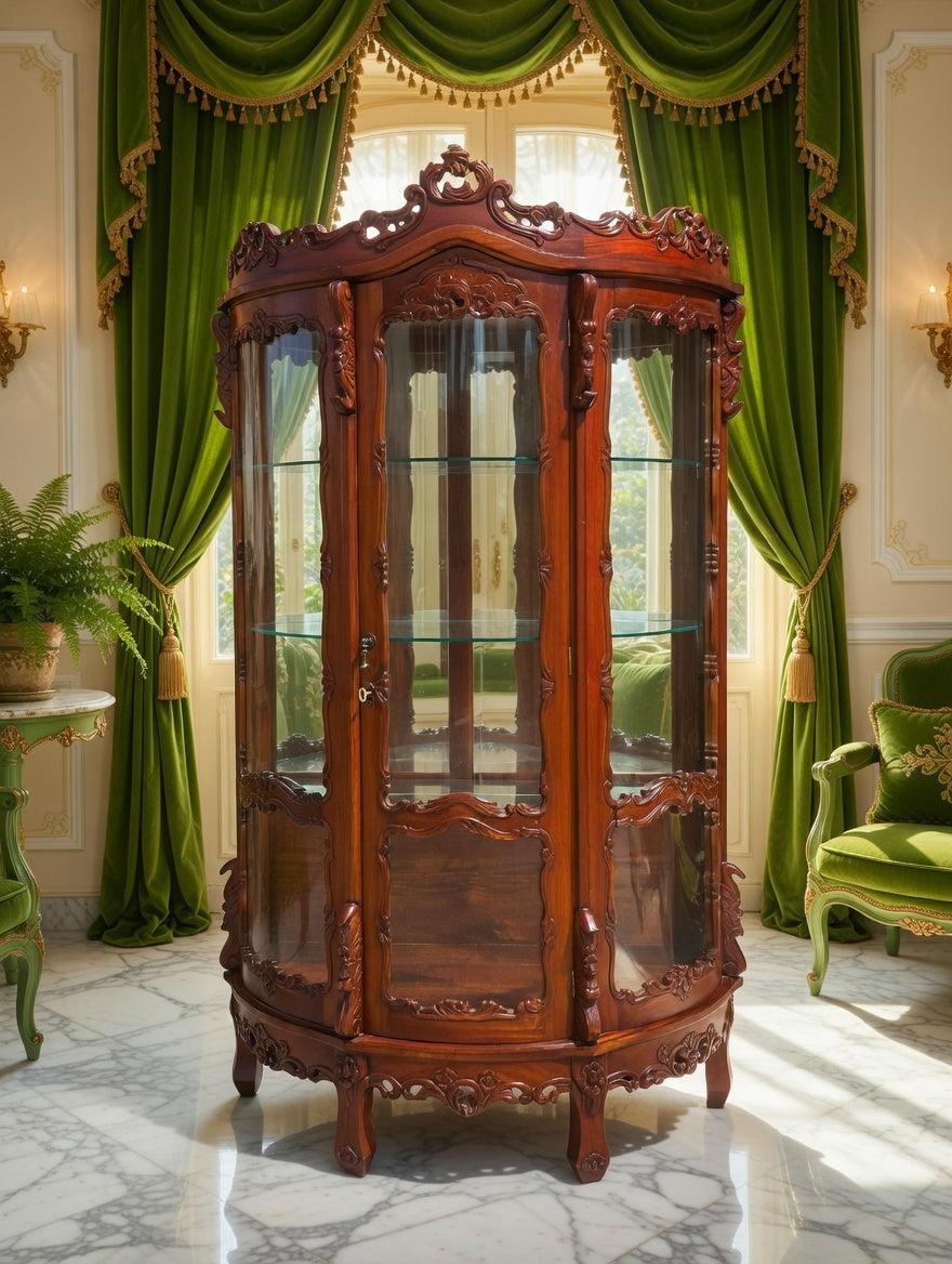 Victorian Carved Mahogany Display Cabinet with Curved Glass 🌿🏛️🌿