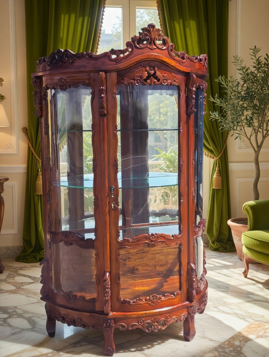 Victorian Carved Mahogany Display Cabinet with Curved Glass 🌿🏛️🌿