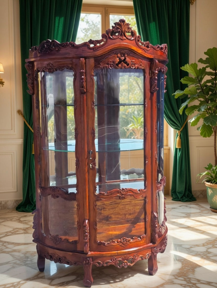 Victorian Carved Mahogany Display Cabinet with Curved Glass 🌿🏛️🌿