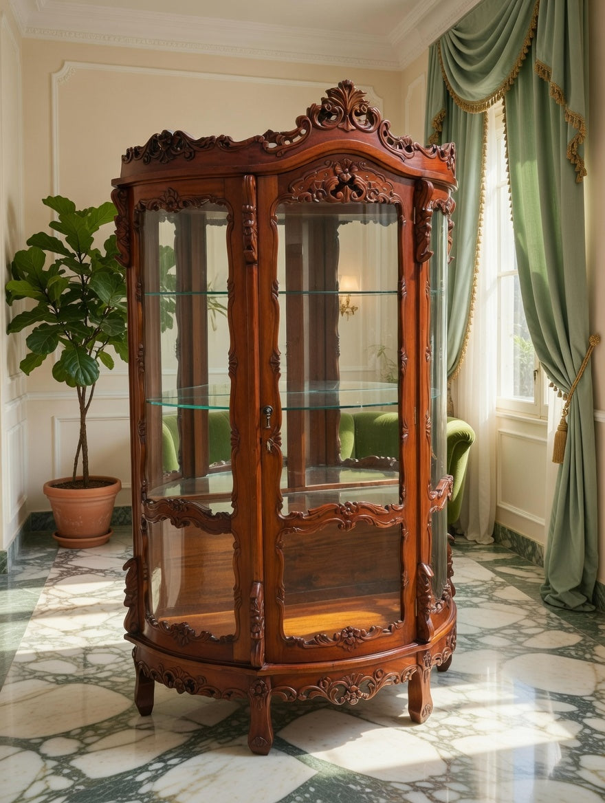 Victorian Carved Mahogany Display Cabinet with Curved Glass 🌿🏛️🌿