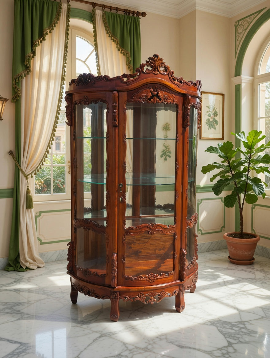 Victorian Carved Mahogany Display Cabinet with Curved Glass 🌿🏛️🌿
