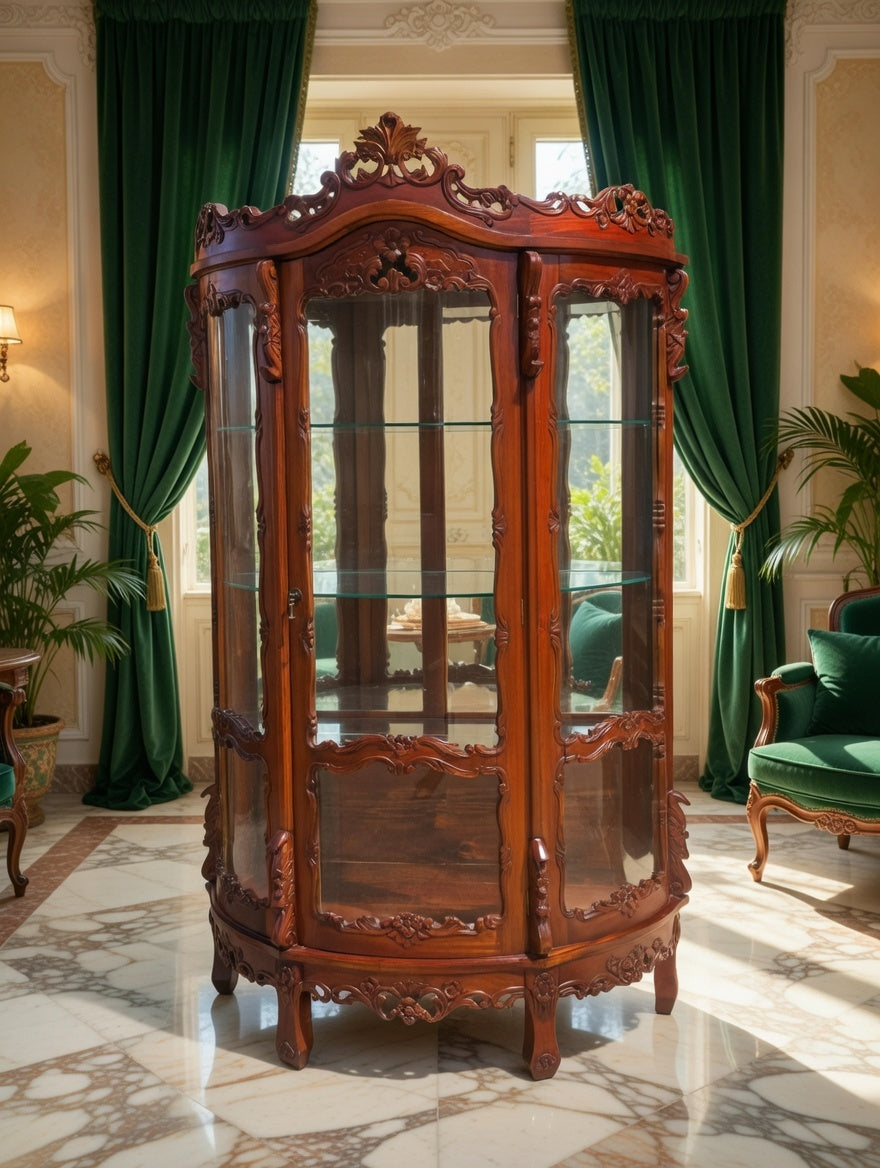 Victorian Carved Mahogany Display Cabinet with Curved Glass 🌿🏛️🌿