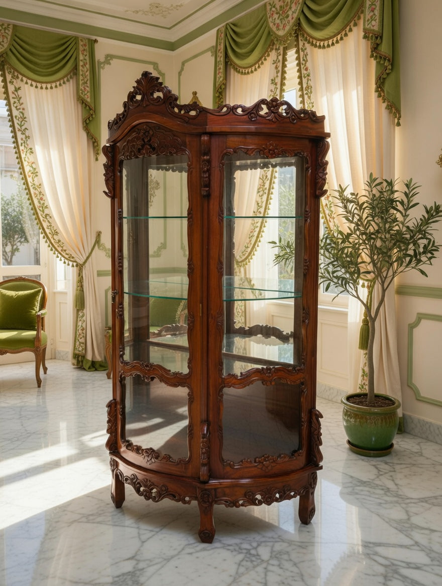 Victorian Carved Mahogany Display Cabinet with Curved Glass 🌿🏛️🌿