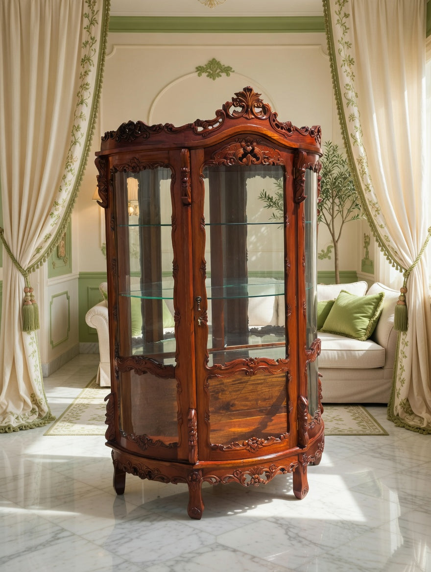 Victorian Carved Mahogany Display Cabinet with Curved Glass 🌿🏛️🌿