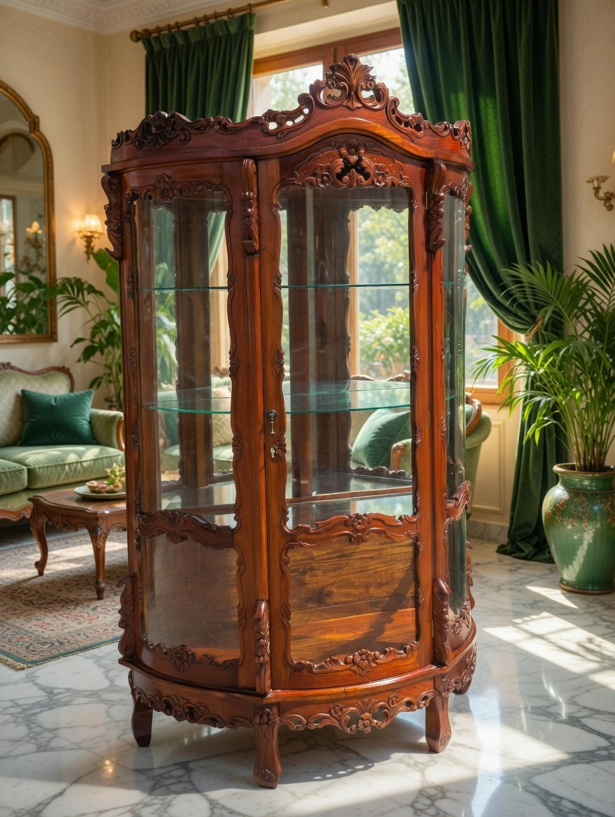 Victorian Carved Mahogany Display Cabinet with Curved Glass 🌿🏛️🌿