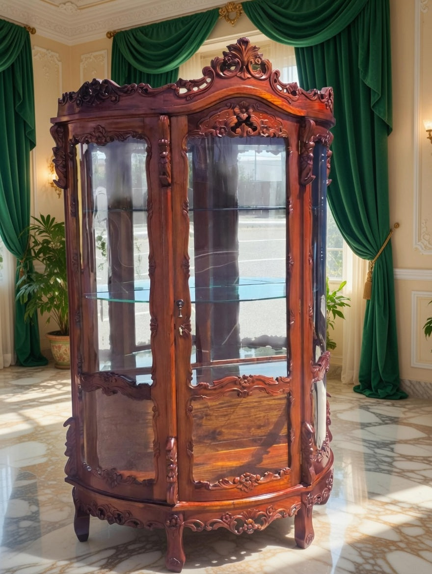 Victorian Carved Mahogany Display Cabinet with Curved Glass 🌿🏛️🌿