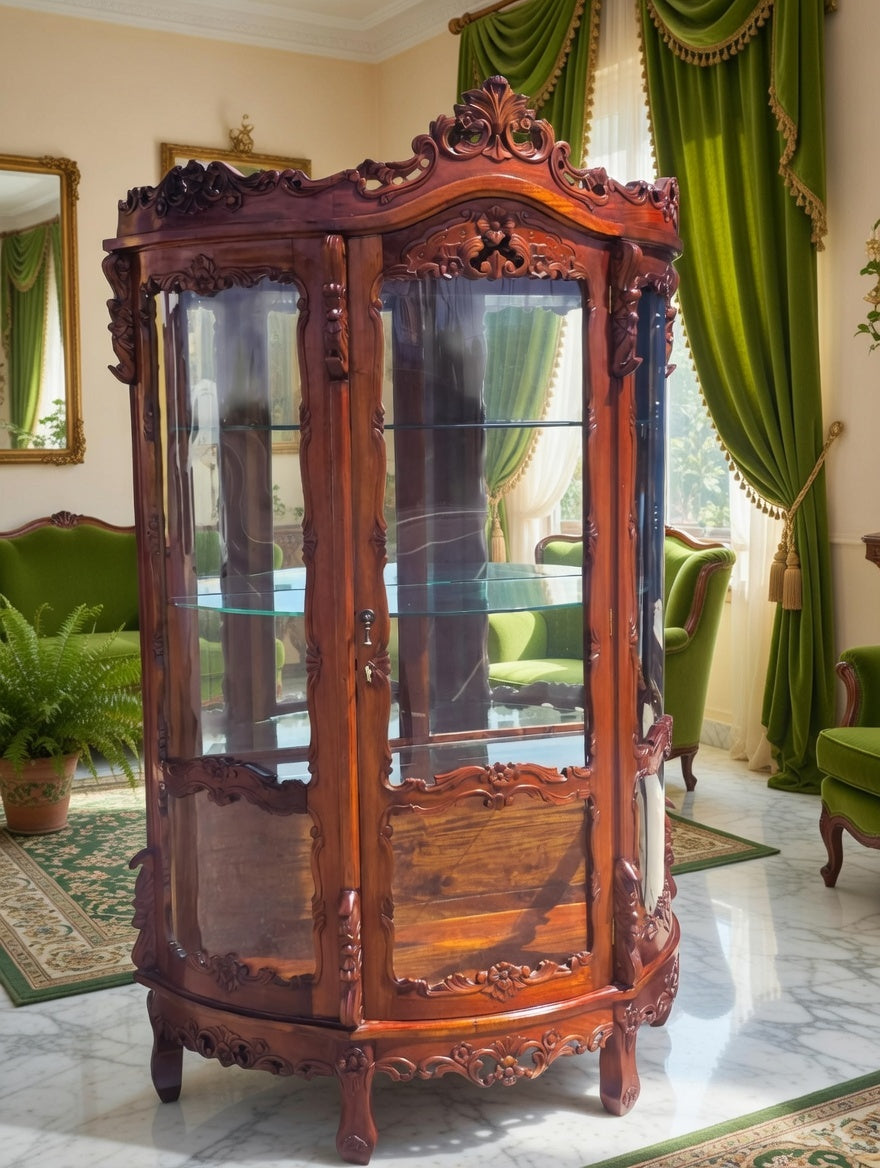Victorian Carved Mahogany Display Cabinet with Curved Glass 🌿🏛️🌿
