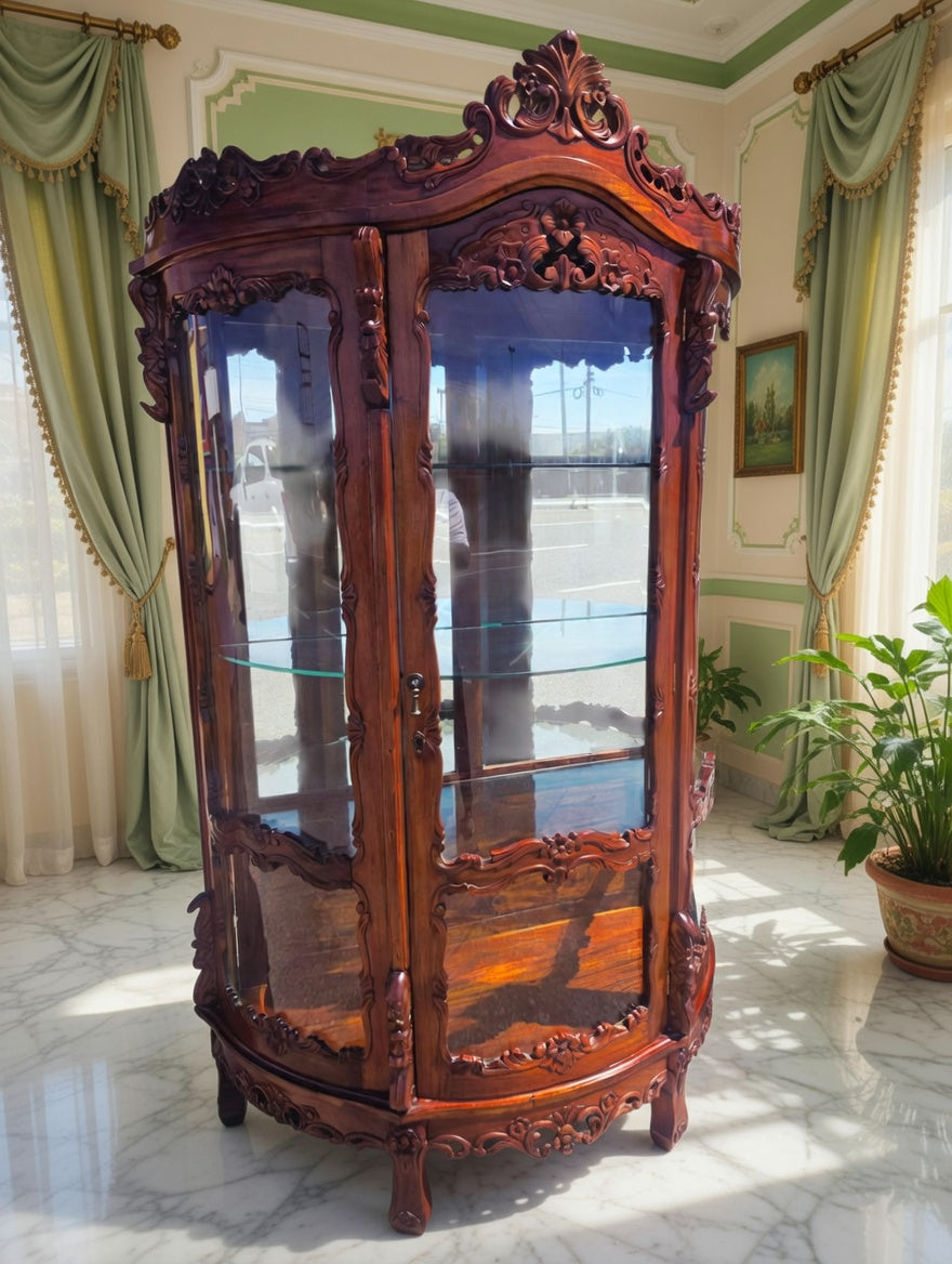 Victorian Carved Mahogany Display Cabinet with Curved Glass 🌿🏛️🌿