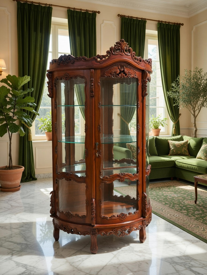 Victorian Carved Mahogany Display Cabinet with Curved Glass 🌿🏛️🌿