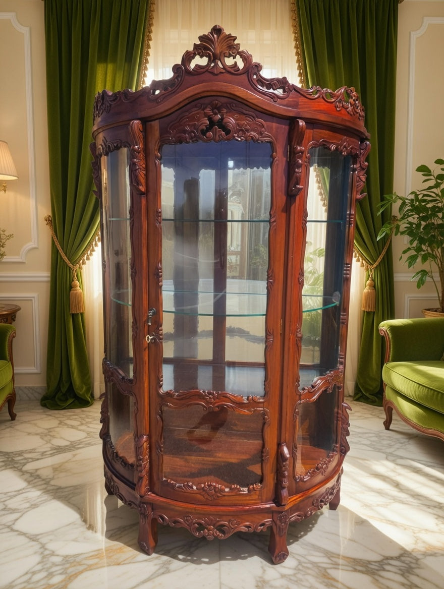 Victorian Carved Mahogany Display Cabinet with Curved Glass 🌿🏛️🌿