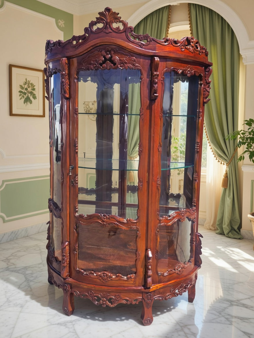 Victorian Carved Mahogany Display Cabinet with Curved Glass 🌿🏛️🌿