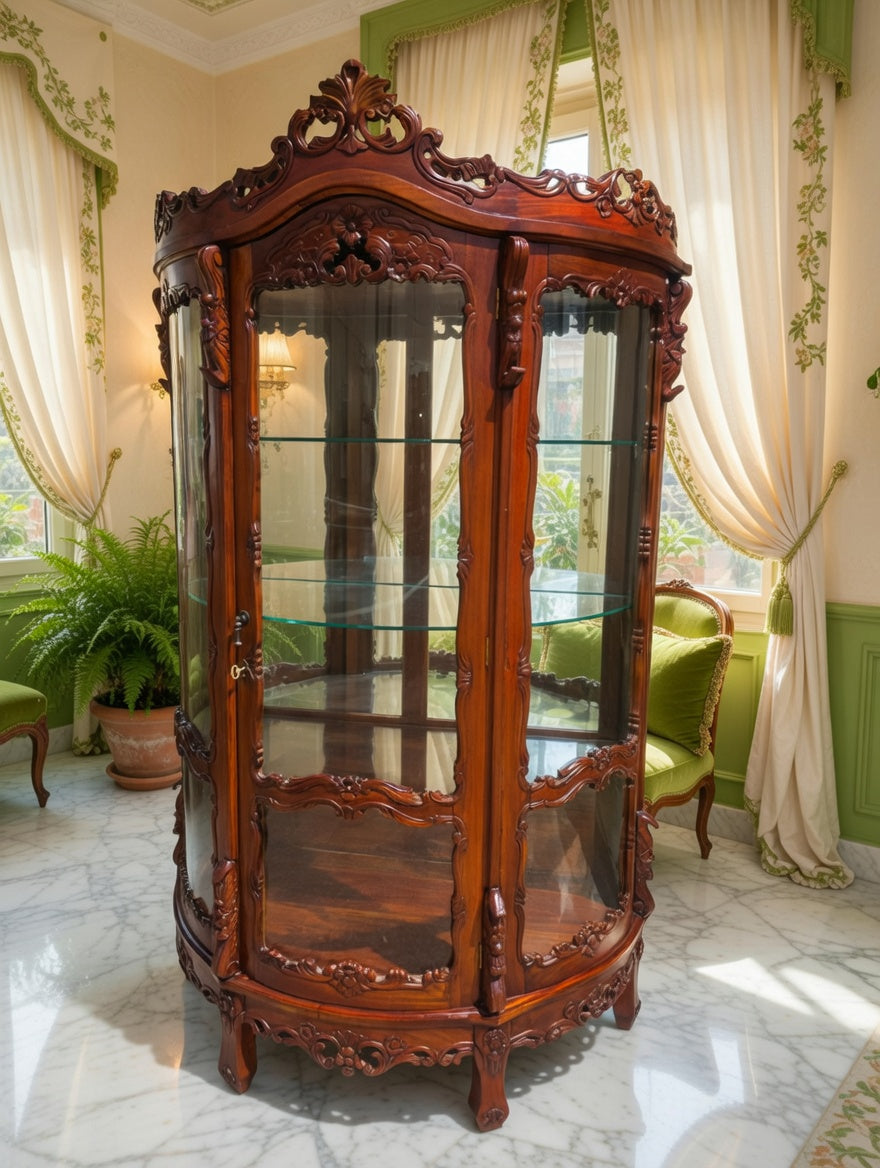 Victorian Carved Mahogany Display Cabinet with Curved Glass 🌿🏛️🌿