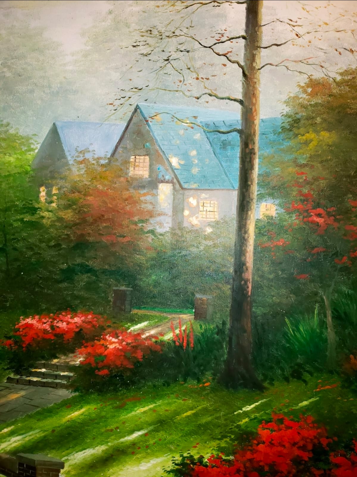 🌺 Pintura original sobre lienzo — Jardín señorial en luz otoñal🖌️🎨