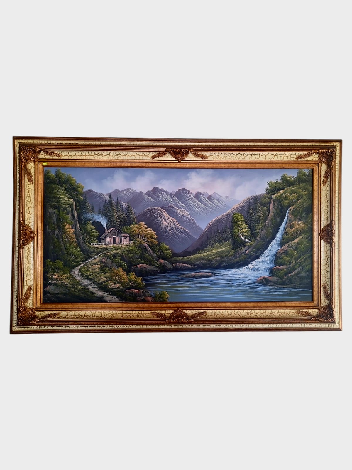 🌺 🖼️ Pintura Original al Oleo – Cabaña entre Montañas y Lago por R. Boren 🖌️🎨