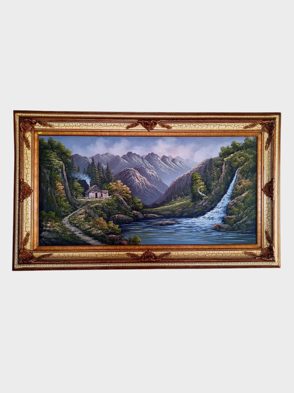 🌺 🖼️ Pintura Original al Oleo – Cabaña entre Montañas y Lago por R. Boren 🖌️🎨
