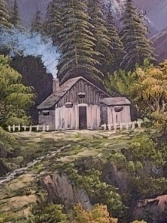 🌺 🖼️ Pintura Original al Oleo – Cabaña entre Montañas y Lago por R. Boren 🖌️🎨