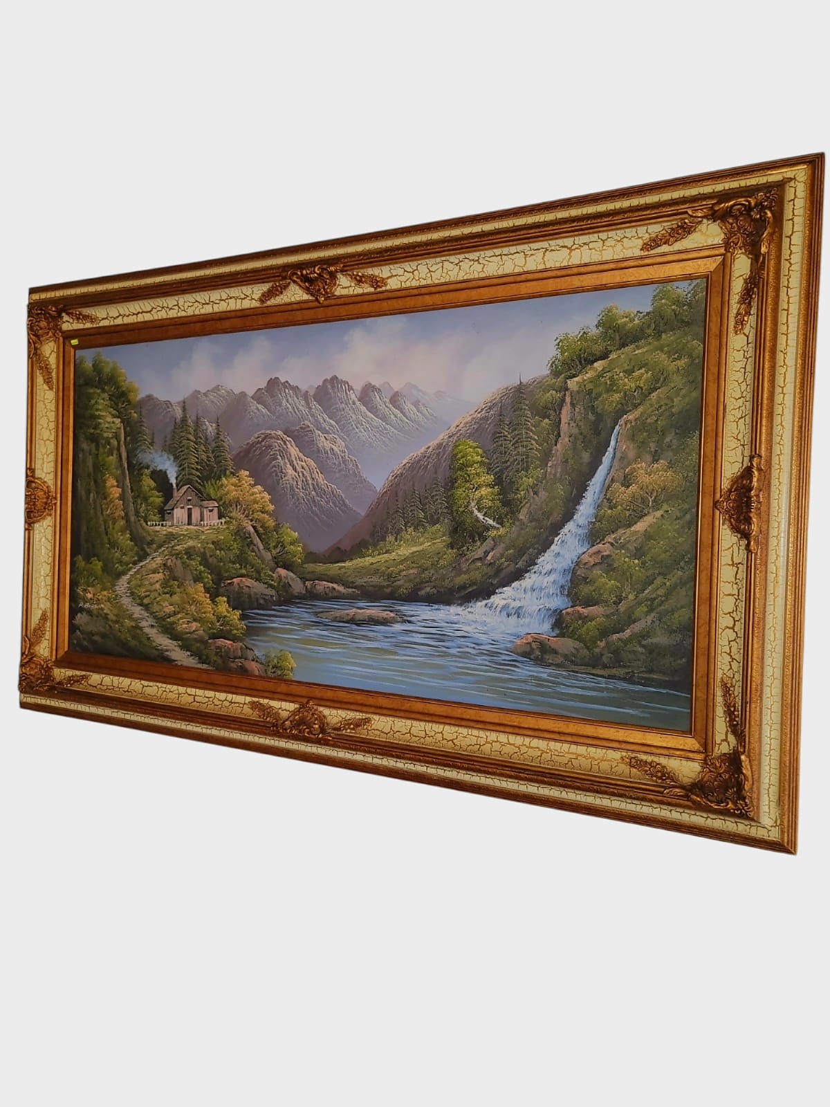 🌺 🖼️ Pintura Original al Oleo – Cabaña entre Montañas y Lago por R. Boren 🖌️🎨