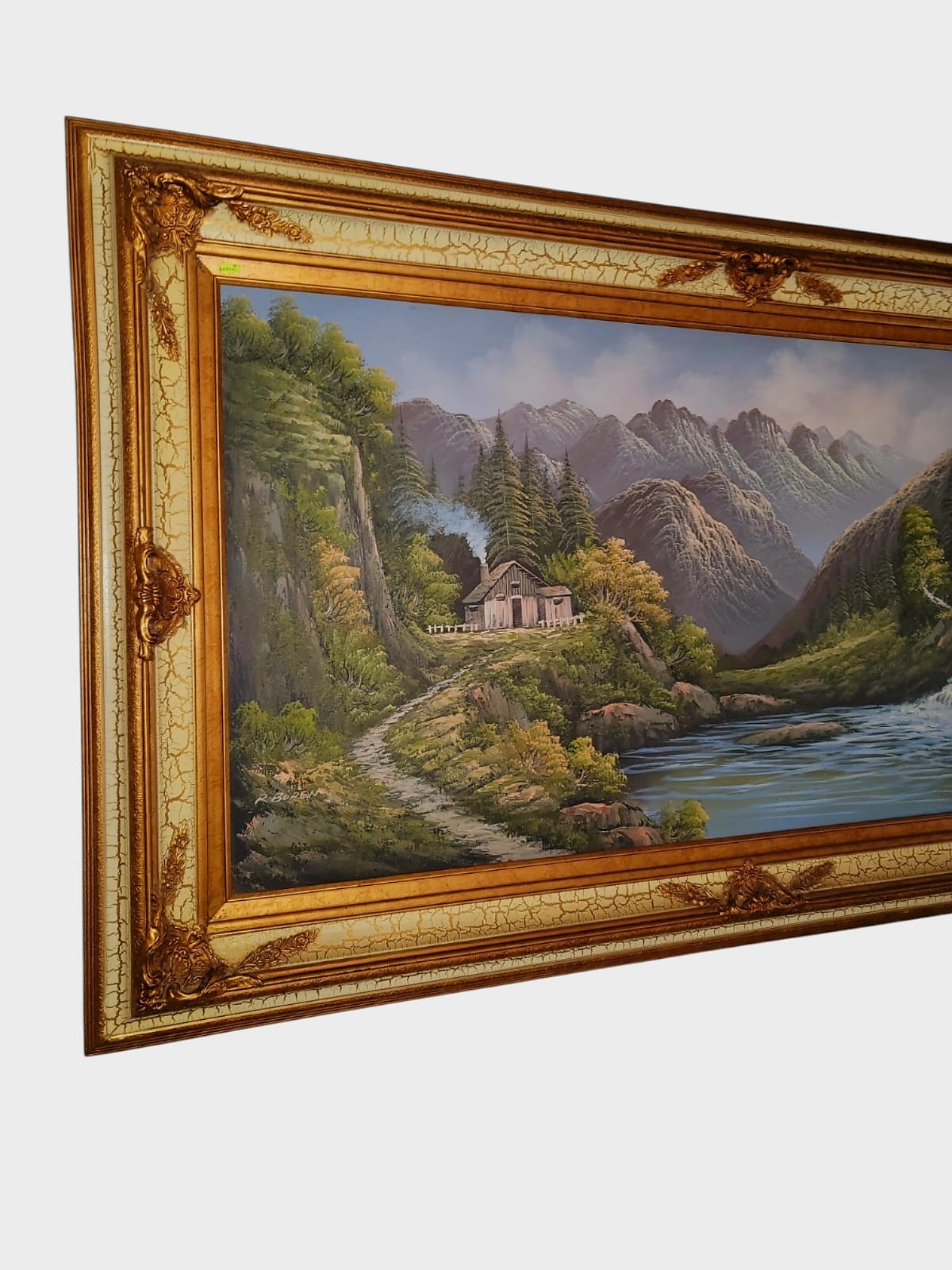 🌺 🖼️ Pintura Original al Oleo – Cabaña entre Montañas y Lago por R. Boren 🖌️🎨