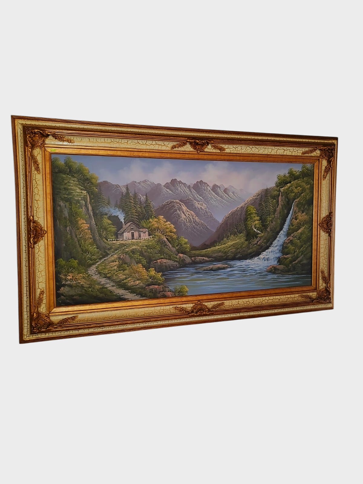🌺 🖼️ Pintura Original al Oleo – Cabaña entre Montañas y Lago por R. Boren 🖌️🎨