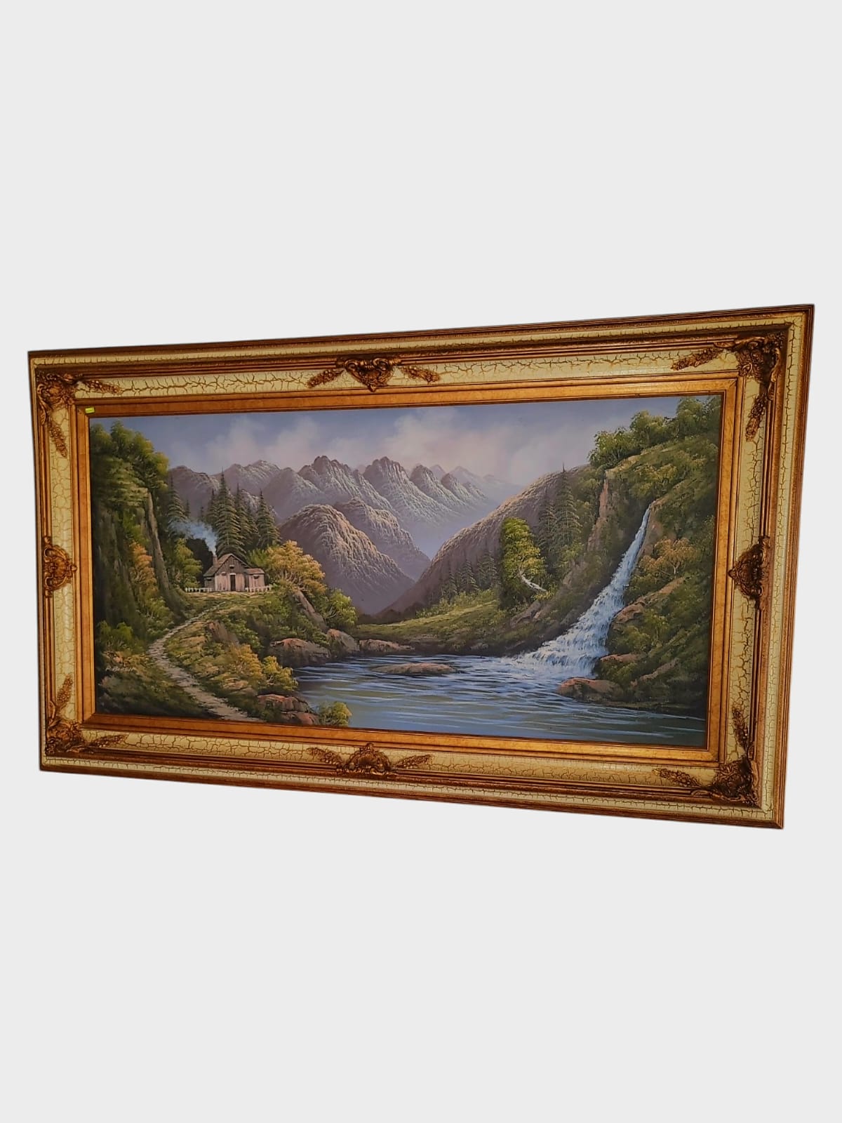 🌺 🖼️ Pintura Original al Oleo – Cabaña entre Montañas y Lago por R. Boren 🖌️🎨